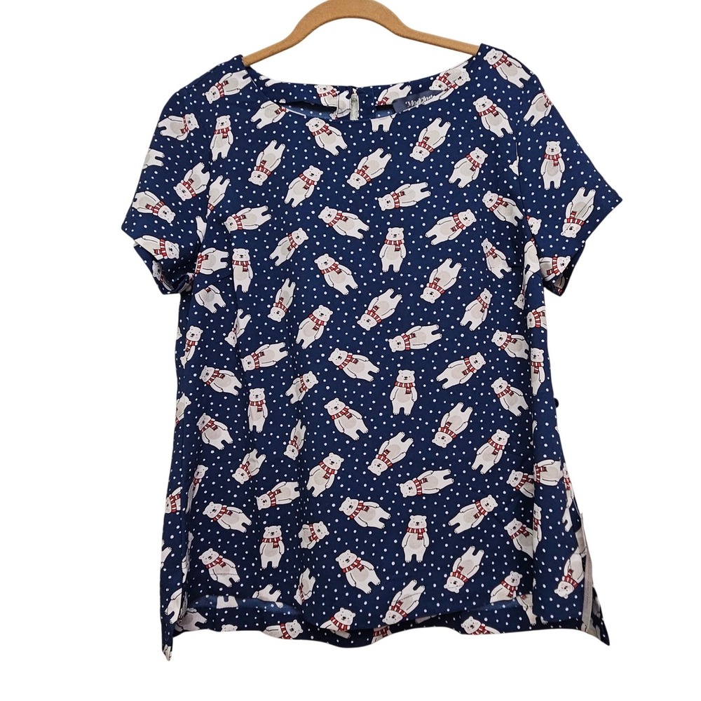 ModCloth Blouse Womens L Navy Blue Polar Bear Print Short Sleeve Festive Quirky